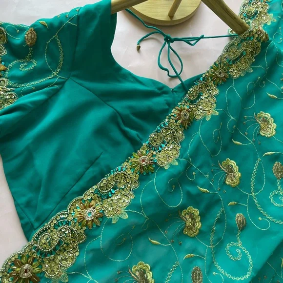 Designer Sona Chaandi sari saree turquoise gold work engagement wedding - Picture 7 of 11